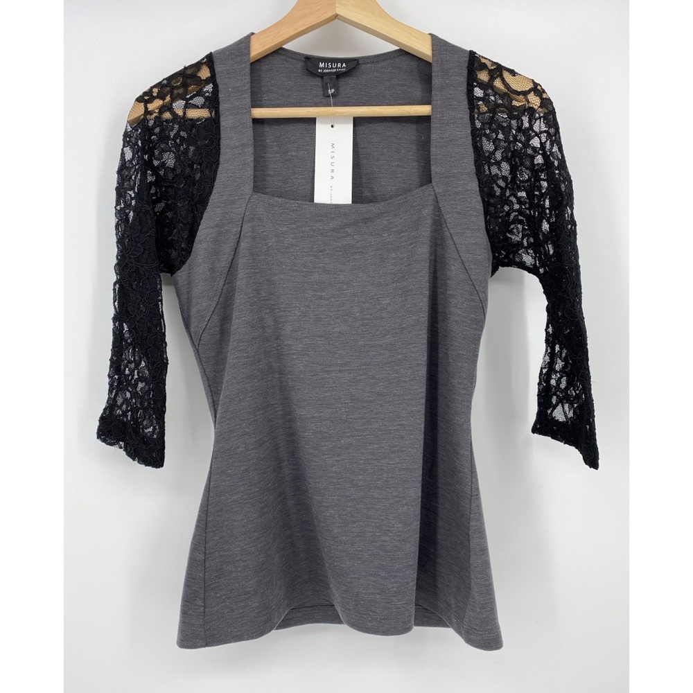 Misura Gray Black Lace 3/4 Sleeve Top Shirt